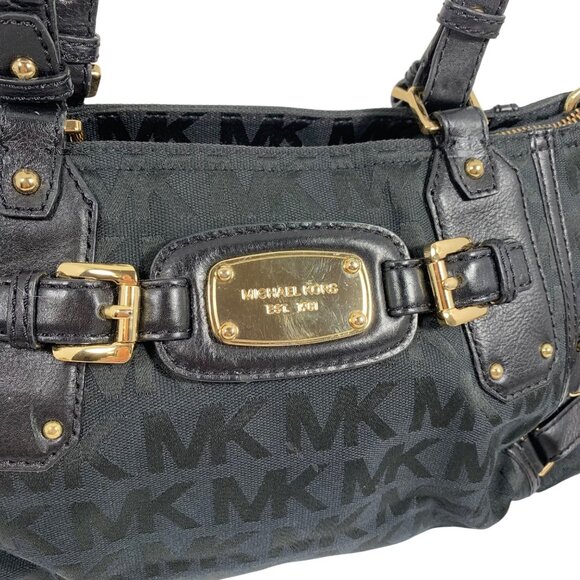 Michael Kors Black Canvas/Leather Gansevoort Shoulder Handbag + Gold Hardware - Picture 2 of 16